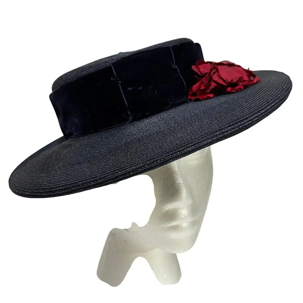 Vintage boater style ladies hat navy blue & faded red flower on velvet hatband - Picture 5 of 9